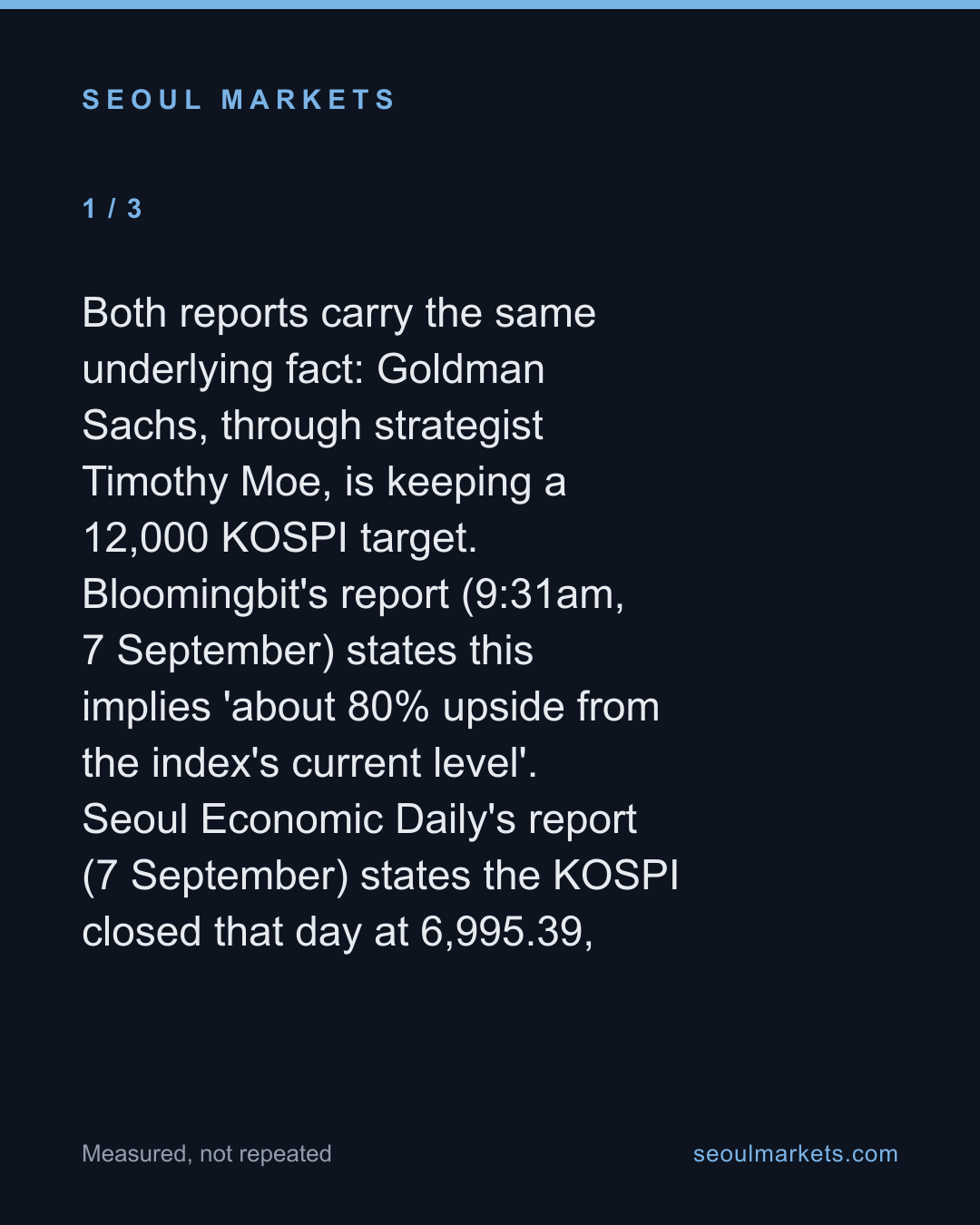 Goldman's KOSPI upside went from 80% to 71.5% — card 2 of 5